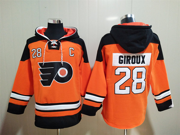 Men's Philadelphia Flyers #28 Claude Giroux Orange Ageless Must-Have Lace-Up Pullover Hoodie - Click Image to Close